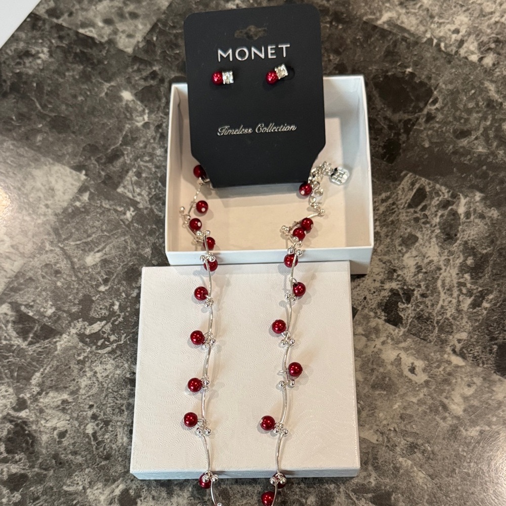Monet Red Bead Necklace & Earrings Set– Silver Tone – Classic